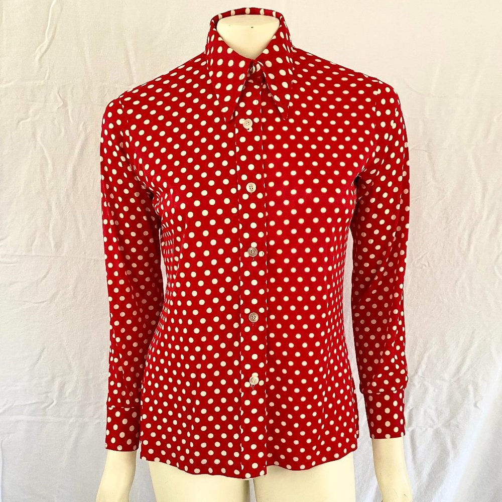 Vintage 1980s Shapely Red and White Polka Dot Blouse